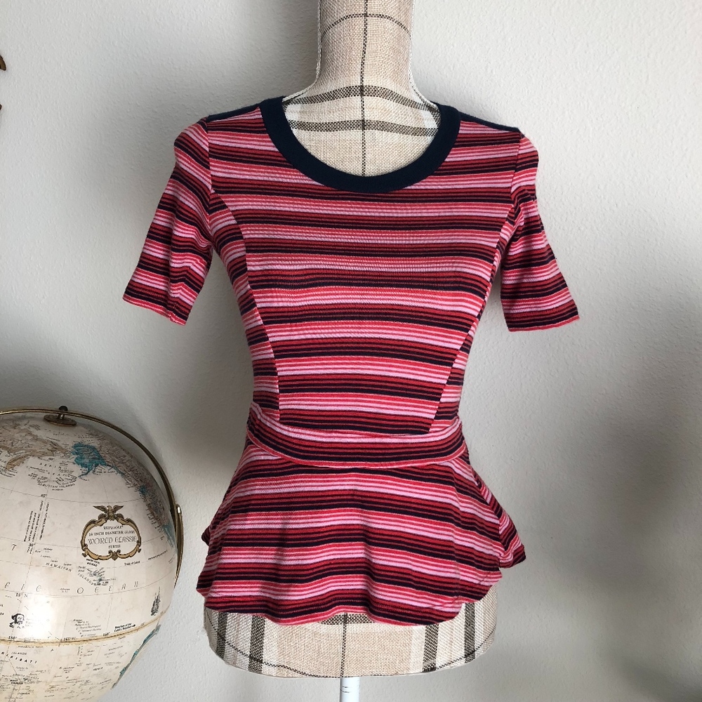 Anthropologie Bordeaux Veda Striped retro vintage Peplum Top shirt XXS XS 0 2